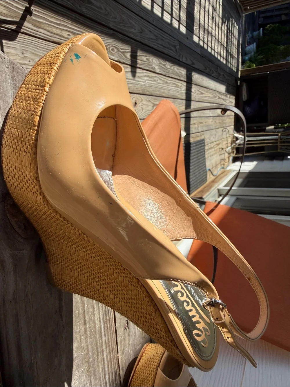 Gucci Beige/Tan Peep-Toe Slingback Wedge Heels